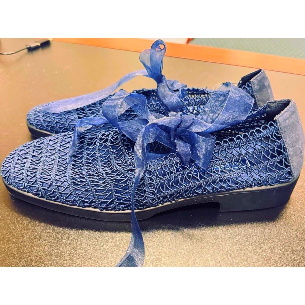 Karen Scott Navy Blue Lace Mesh Flats Womens 9.5 Soft Step Ribbon Ankle Tie